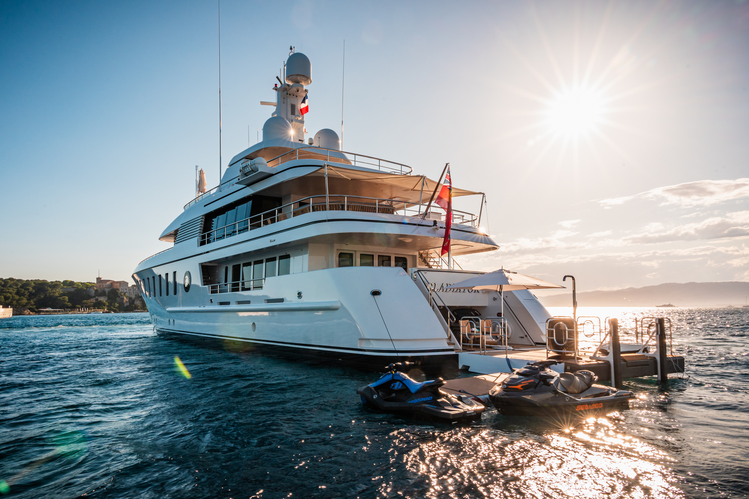 Motor yacht Gladiator from the aft deck with water toys
