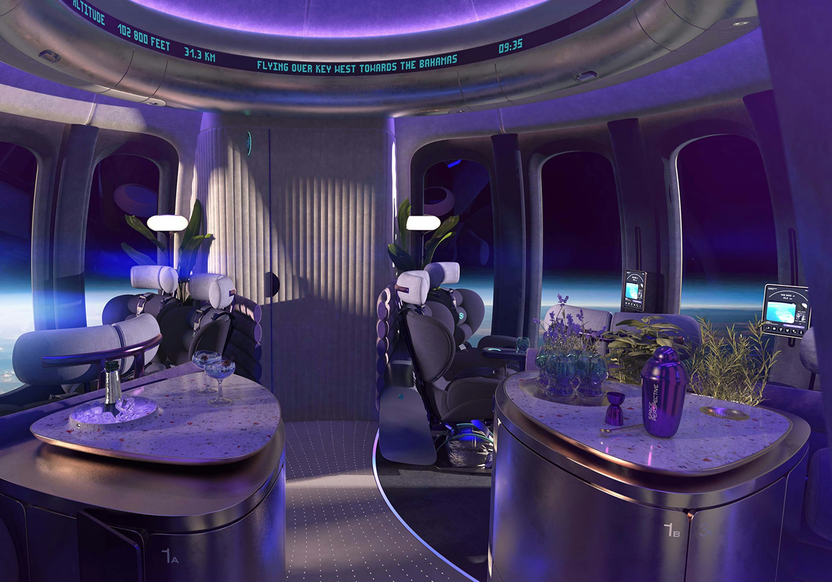 space perspective luxurious lounge with chairs and a bar