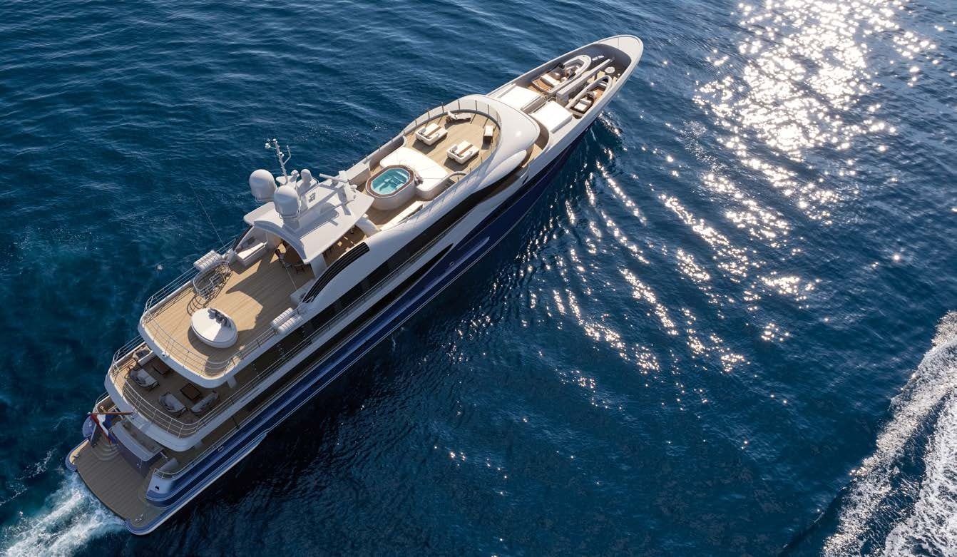 Aerial shot of the Amels 180 Superyacht cruising through blue waters, with sun glinting off the waves.