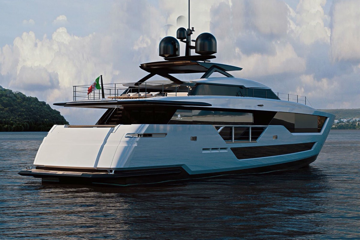 Modern Custom Line 106 yacht showcasing its bold design and luxurious outdoor spaces.