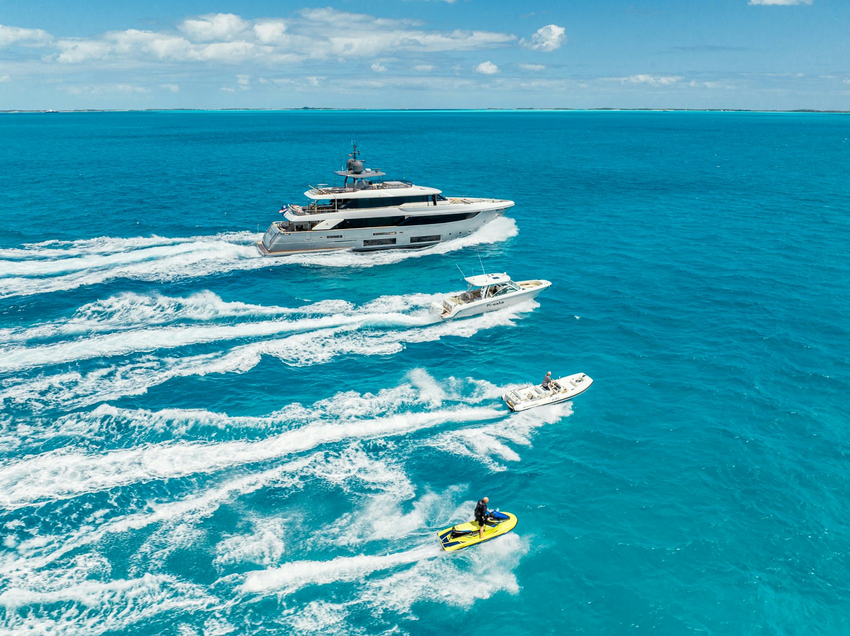 FIFI yacht cruising in the blue caribbean ocean with her toys