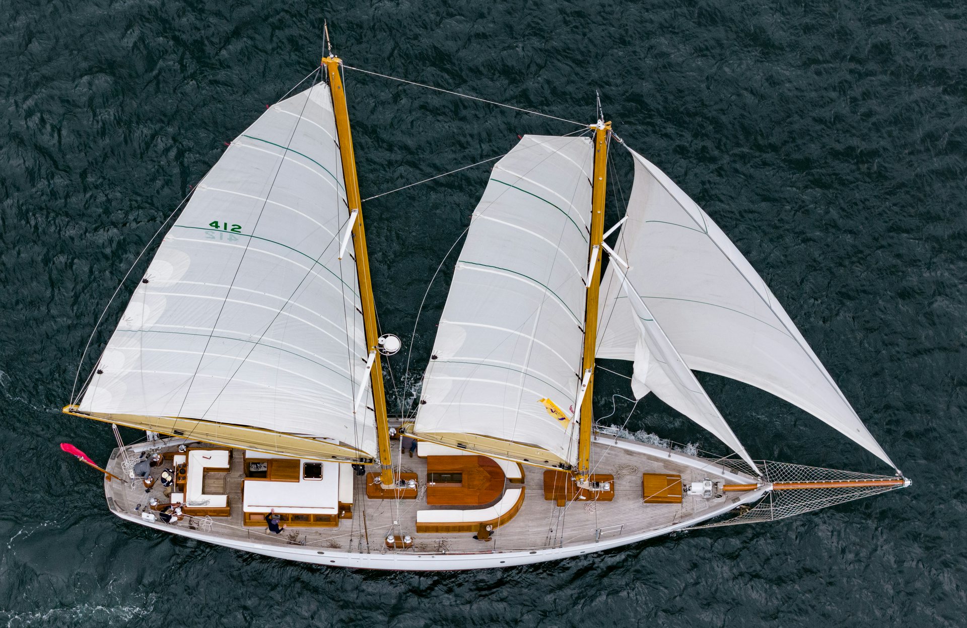 HERMITAGE sailing yacht underway with sails up from above