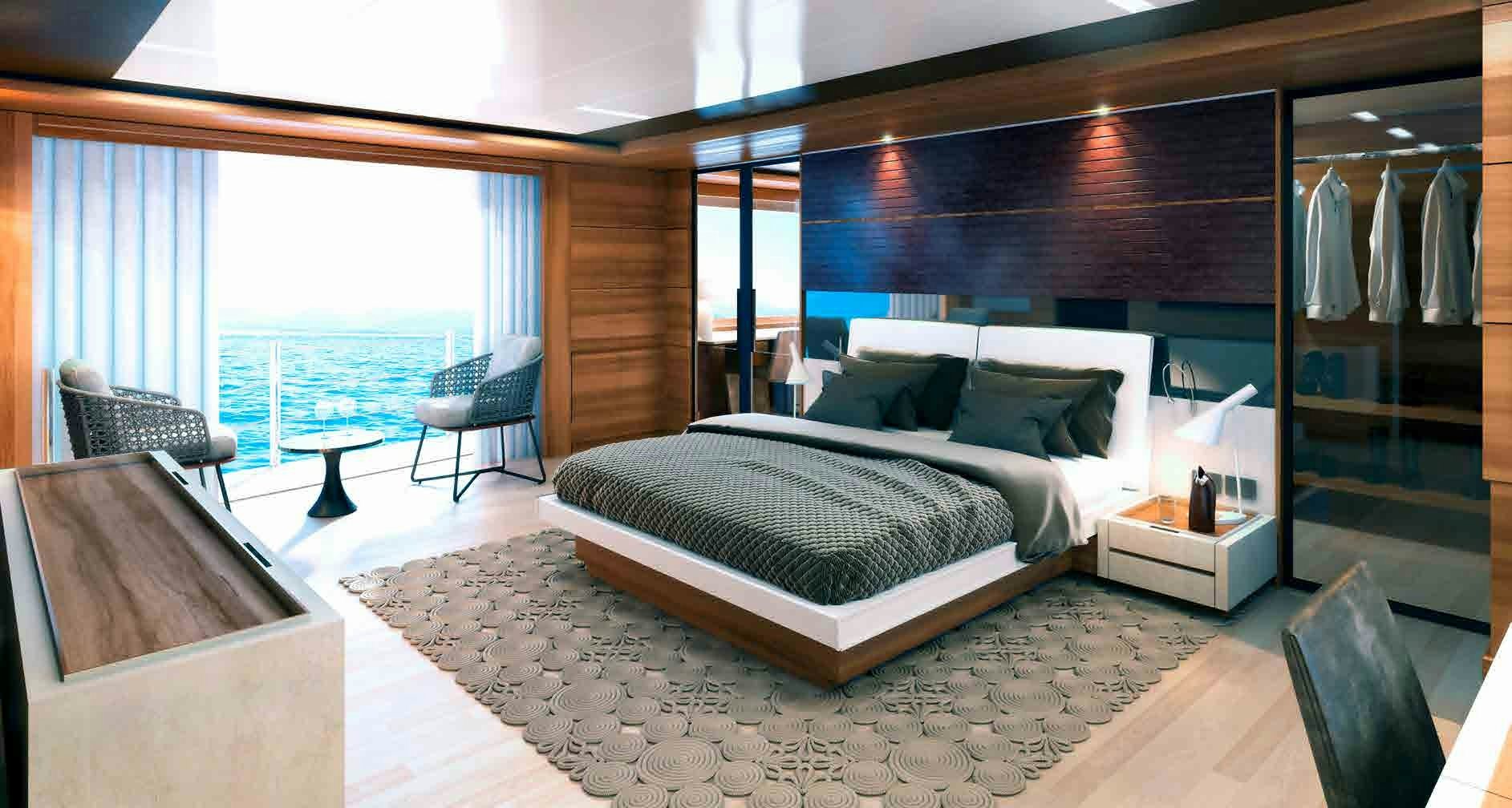 Tranquil Repose: Custom Line Navetta 42 Master Suite The master suite on the Custom Line Navetta 42 showcases a large, inviting bed with a view of the sea, combining luxury and comfort.
