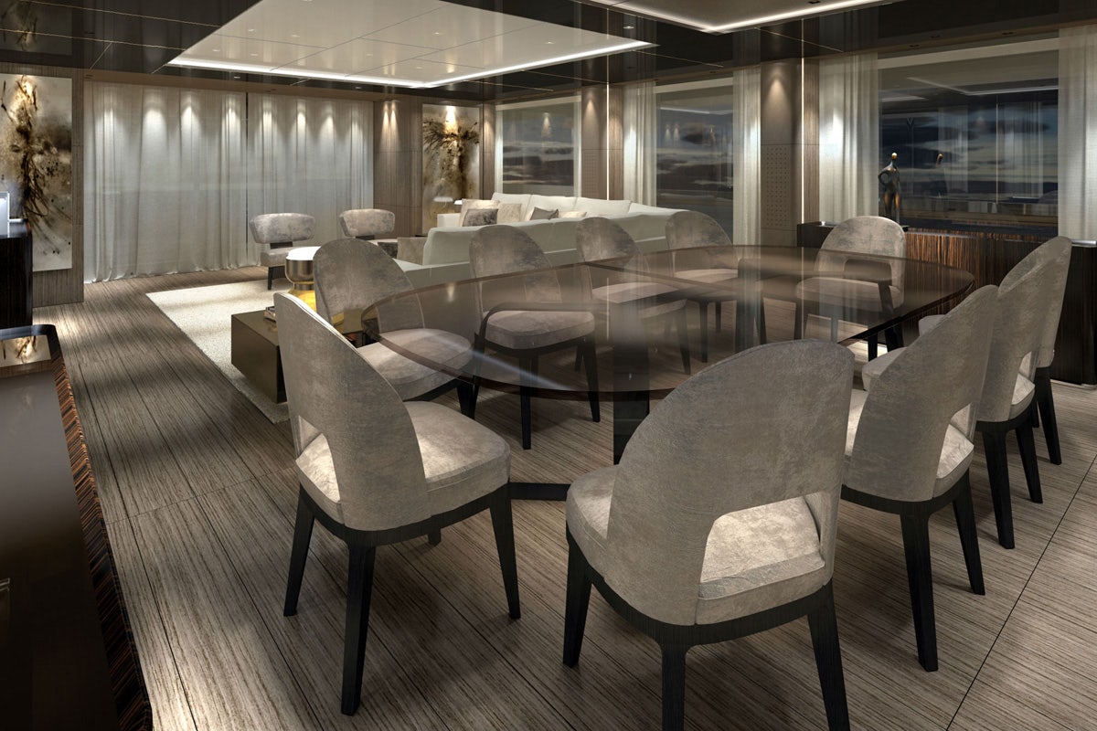 Elegant interior dining area of a Custom Line 106 yacht with modern décor and furnishings.