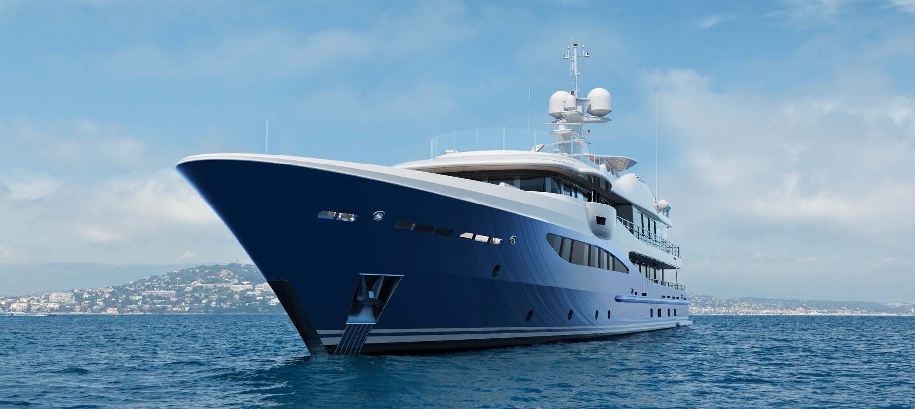 The majestic Amels 180 Superyacht sailing with a coastal cityscape in the background.