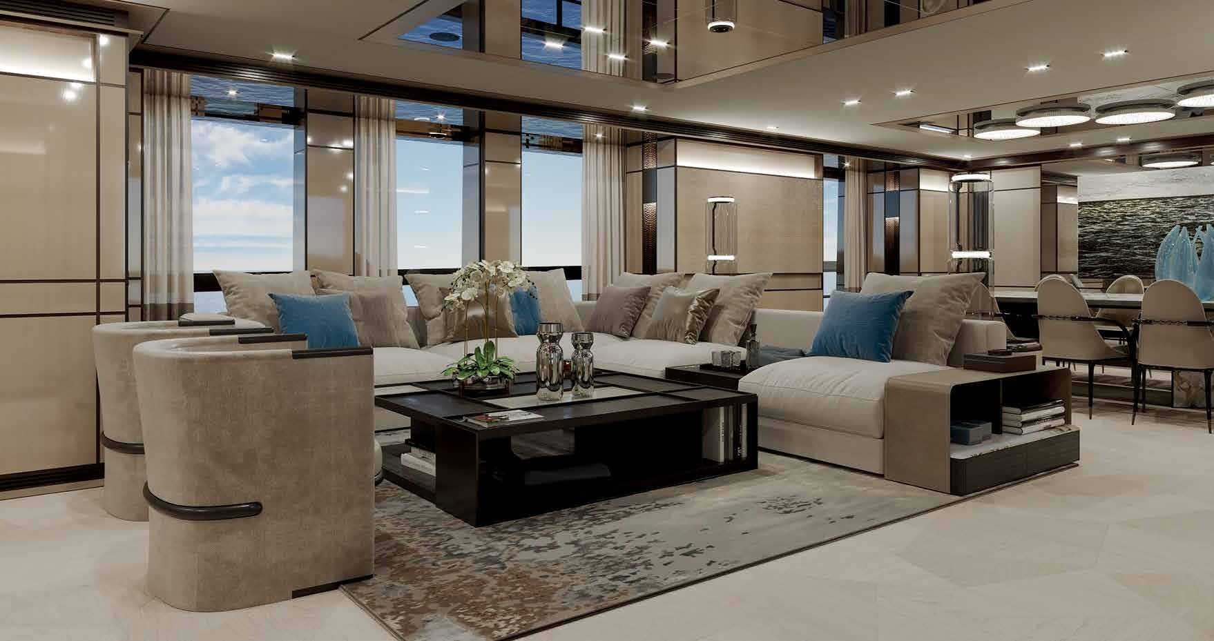 Sophisticated salon interior of a Heesen 55 Steel yacht, featuring luxurious furnishings and ocean views.