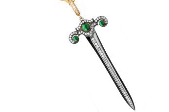 Syna  silver Mogul sword pendant with emeralds and champagne diamonds