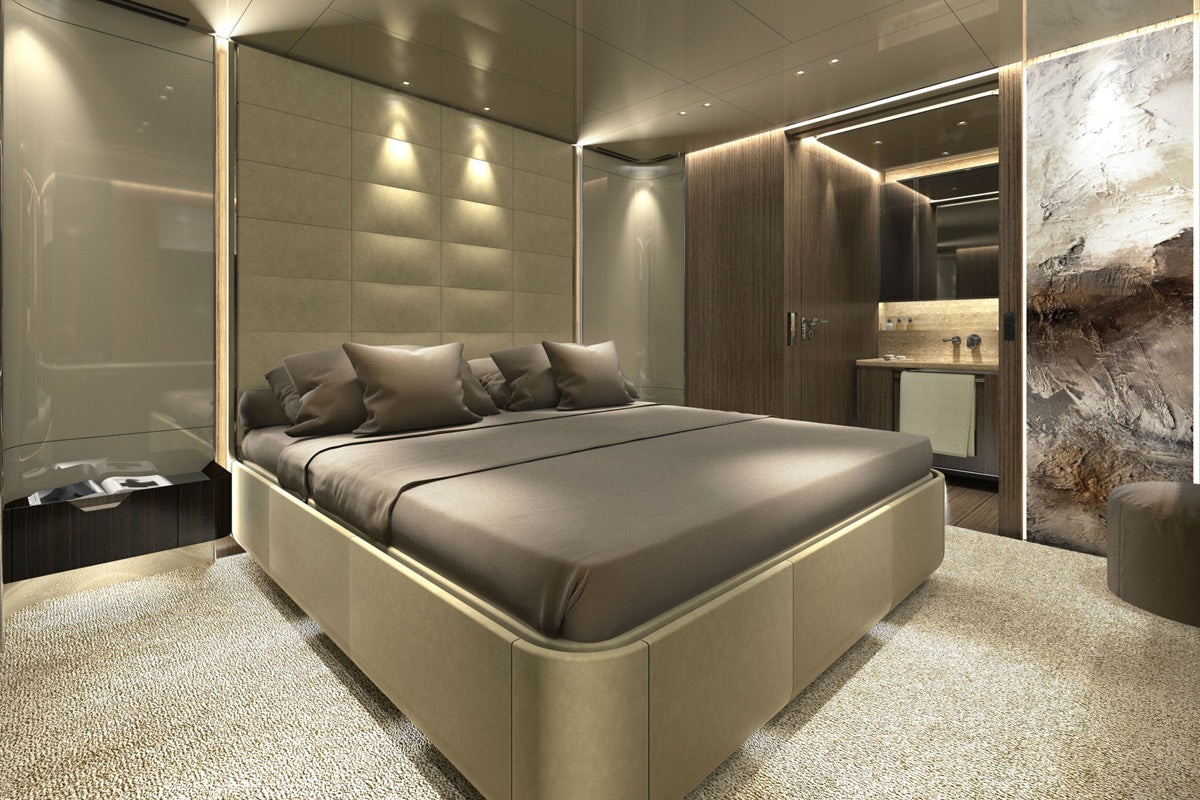 Modern and sophisticated ensuite bathroom in Custom Line 106 yacht, offered for sale by Northrop & Johnson.