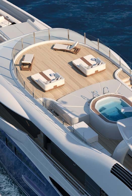 Top view of the Amels 180 Superyacht sun deck with loungers and a jacuzzi.