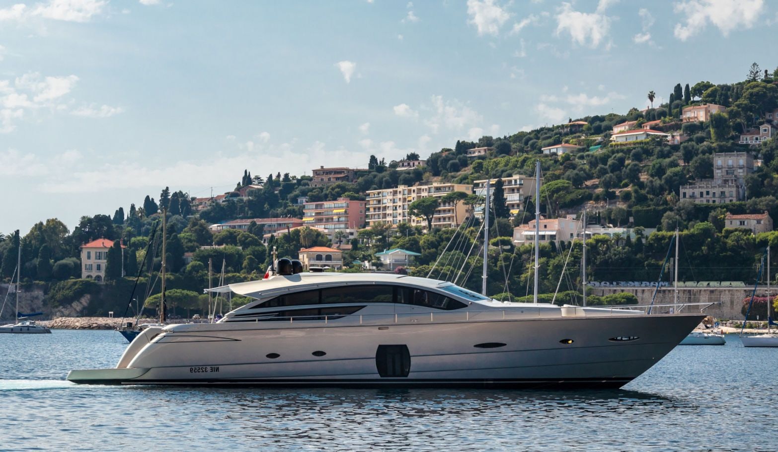 Lounor Pershing 80 (24.5m) yacht for Sale at anchor in Mediterranean