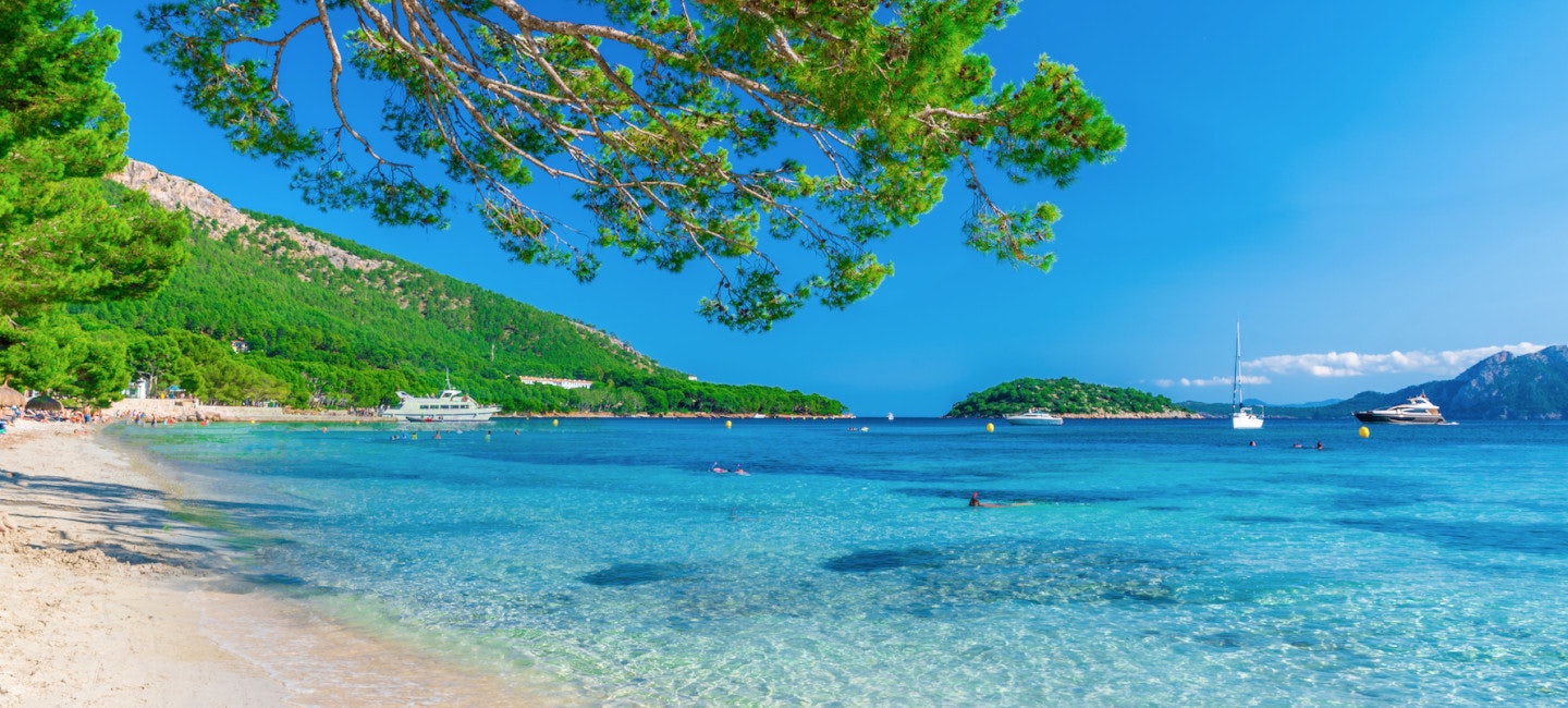 A stunning beach view featuring the azure sea, lush green trees, and island flora on a radiant day during the Superyacht Cup Palma.