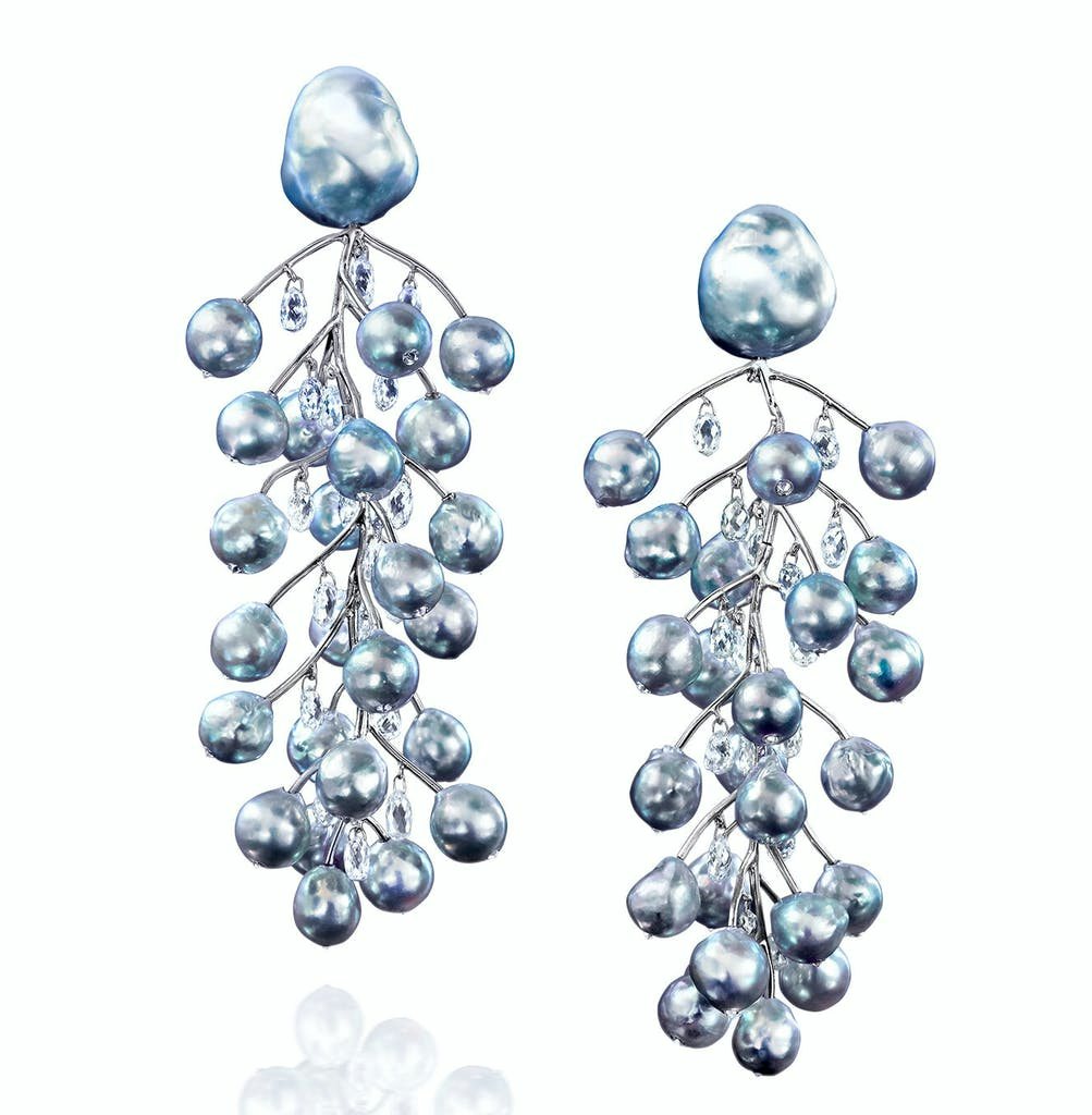 Silverly blue pearl and diamond earrings with briolettes hanging on platinum branches designed by Assael