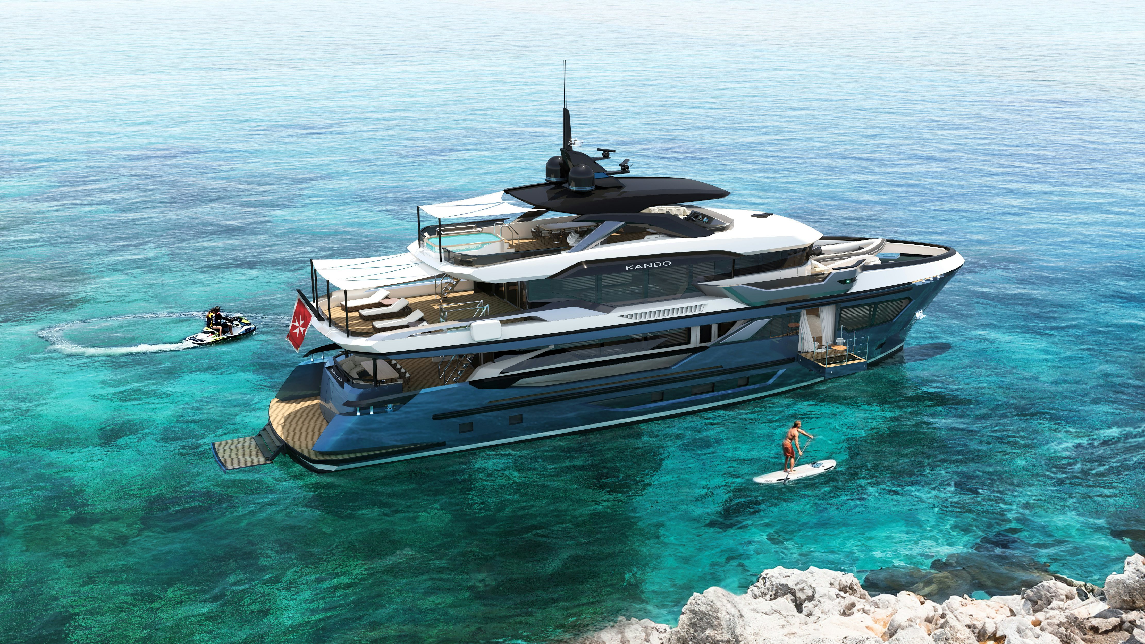 AVA KANDO yacht rendering anchored in beautiful crystalline water over a reef with a person paddleboarding nearby
