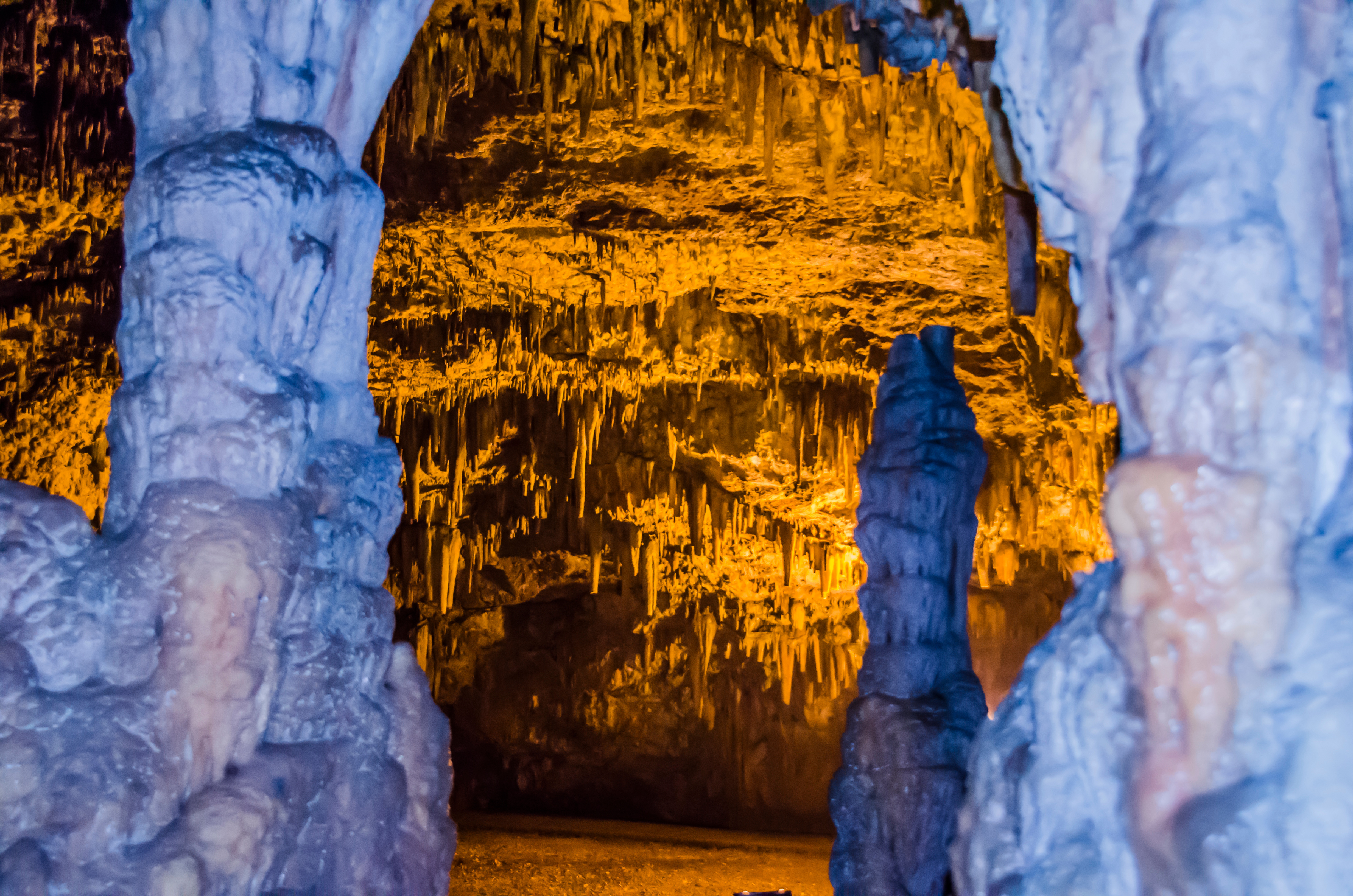 Stalactites and stalagmites in the underground cave of Drogarati on the island of Kefalonia