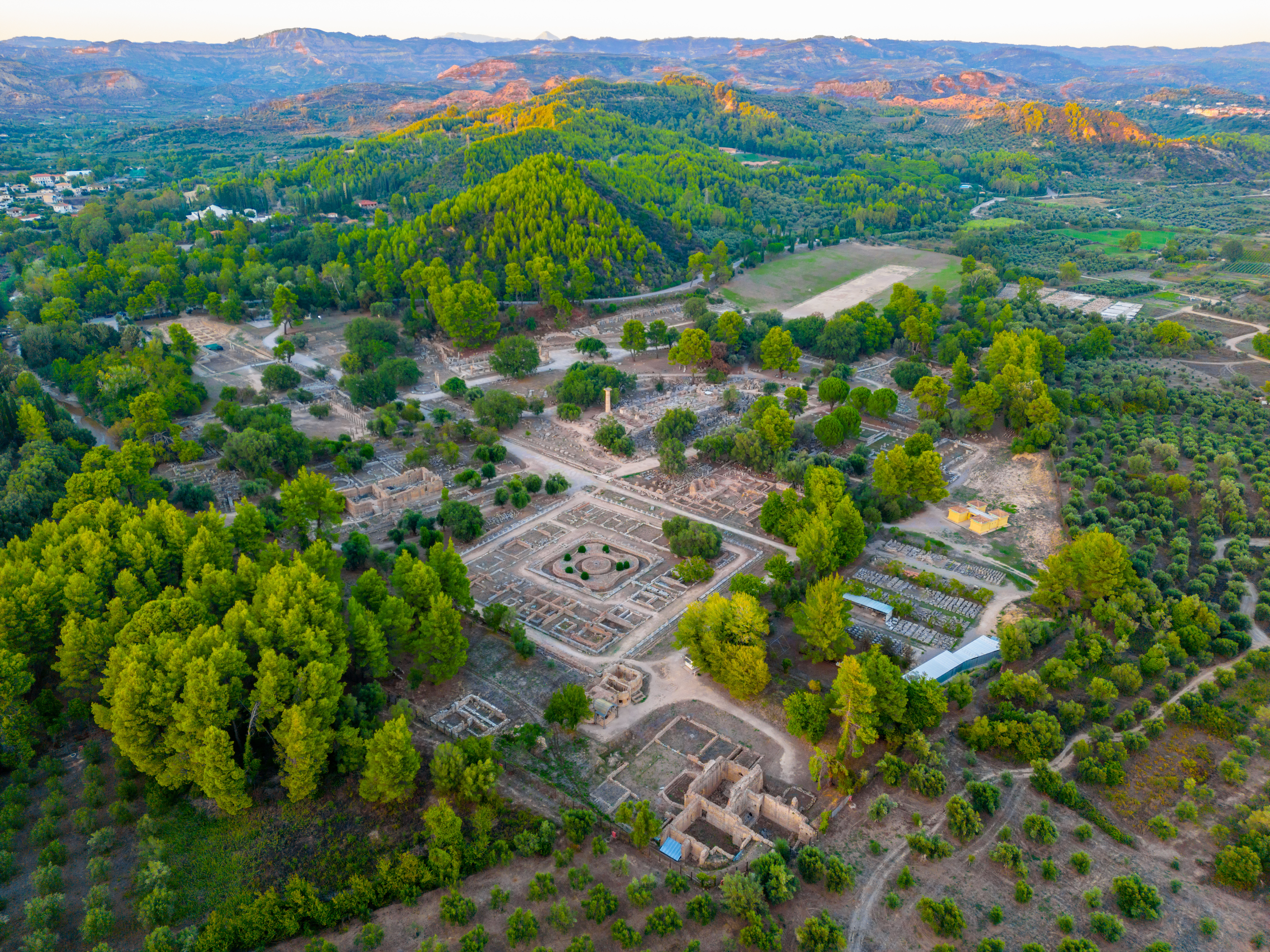 Sunset panorama view of Archaeological Site of Olympia in Greece.