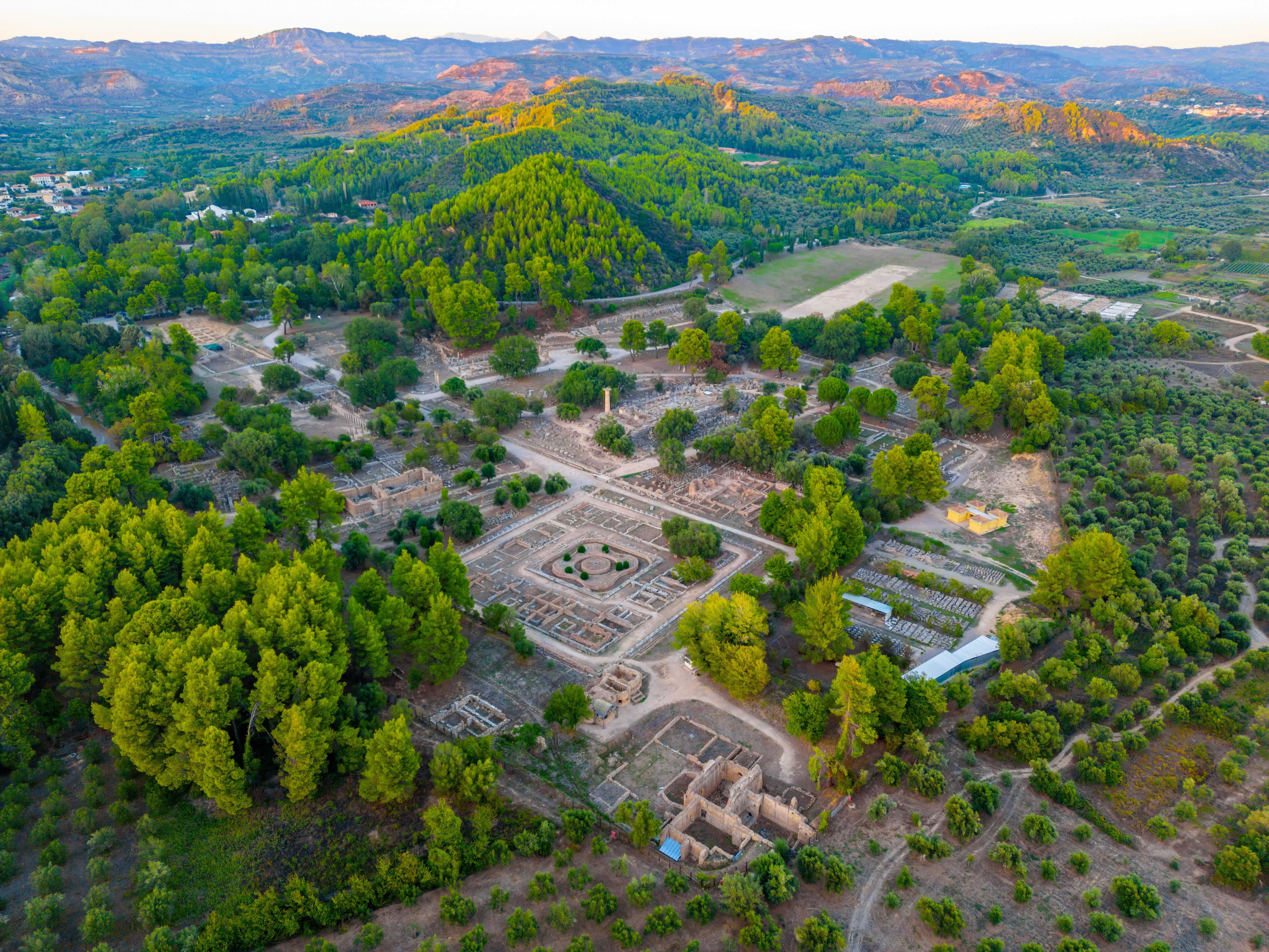 Sunset panorama view of Archaeological Site of Olympia in Greece.