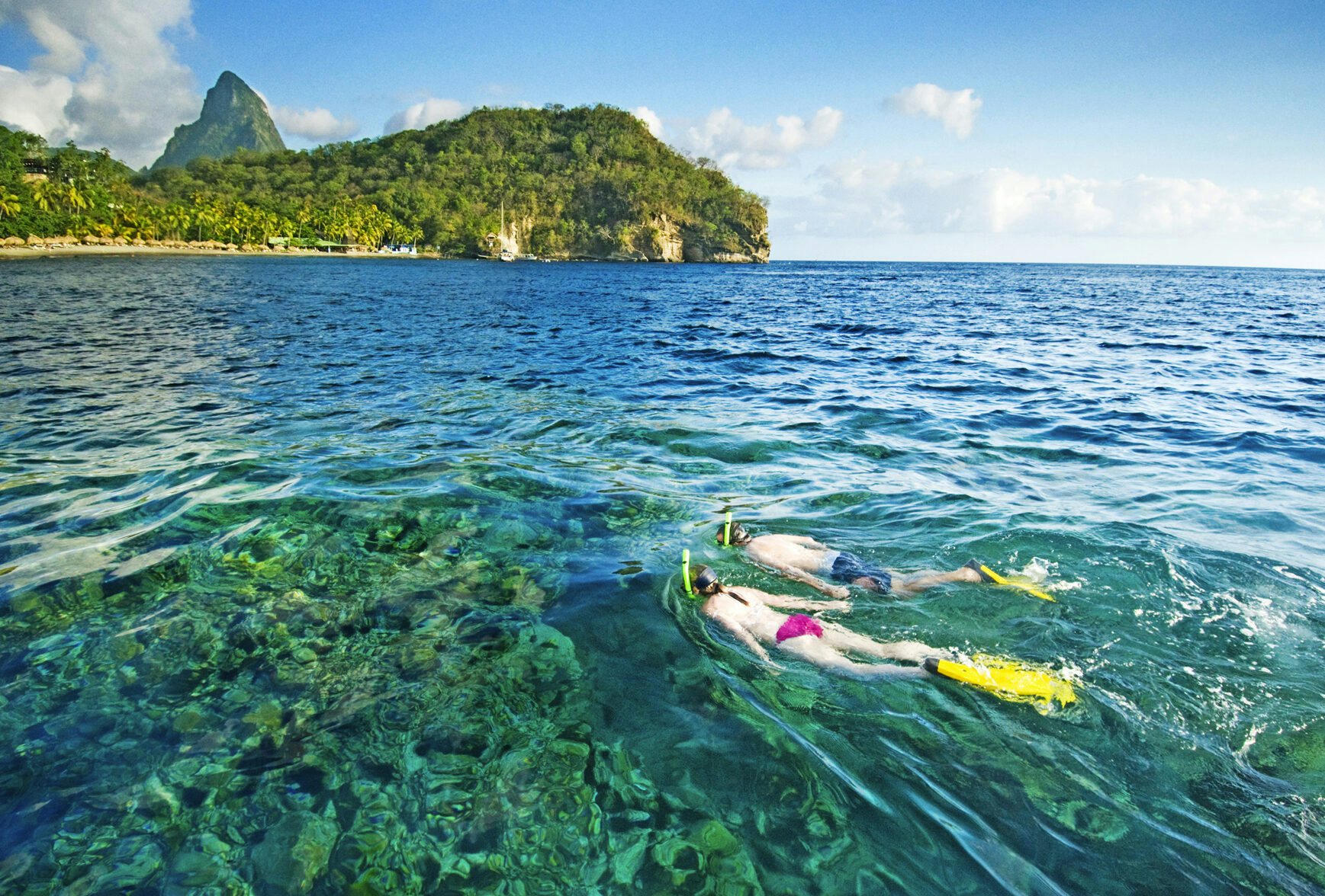 Two people snorkeling off Jade Mountain in St Lucia