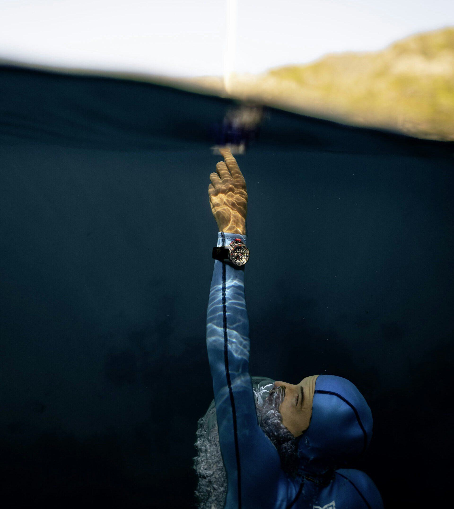 Free Diver Arnaud Jerald wearing a Richard Mille watch on a free dive in The Bahamas