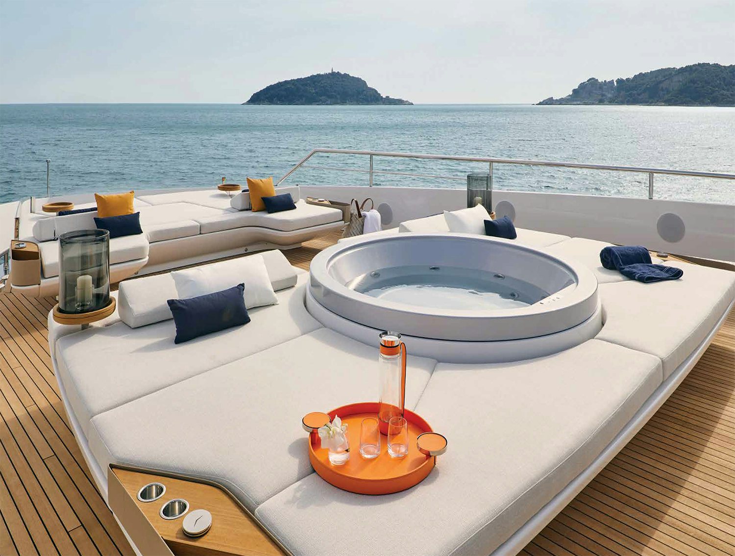 Azimut Grande 38m Trideck outdoor lounge space with Jacuzzi