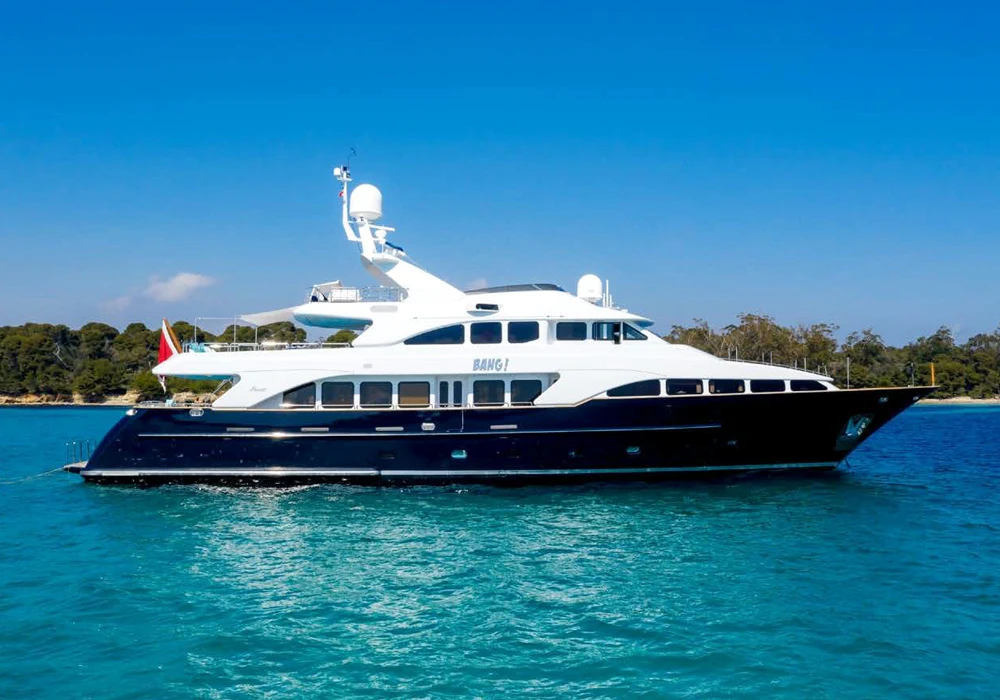Charter yacht Bang! at anchor in the Mediterranean