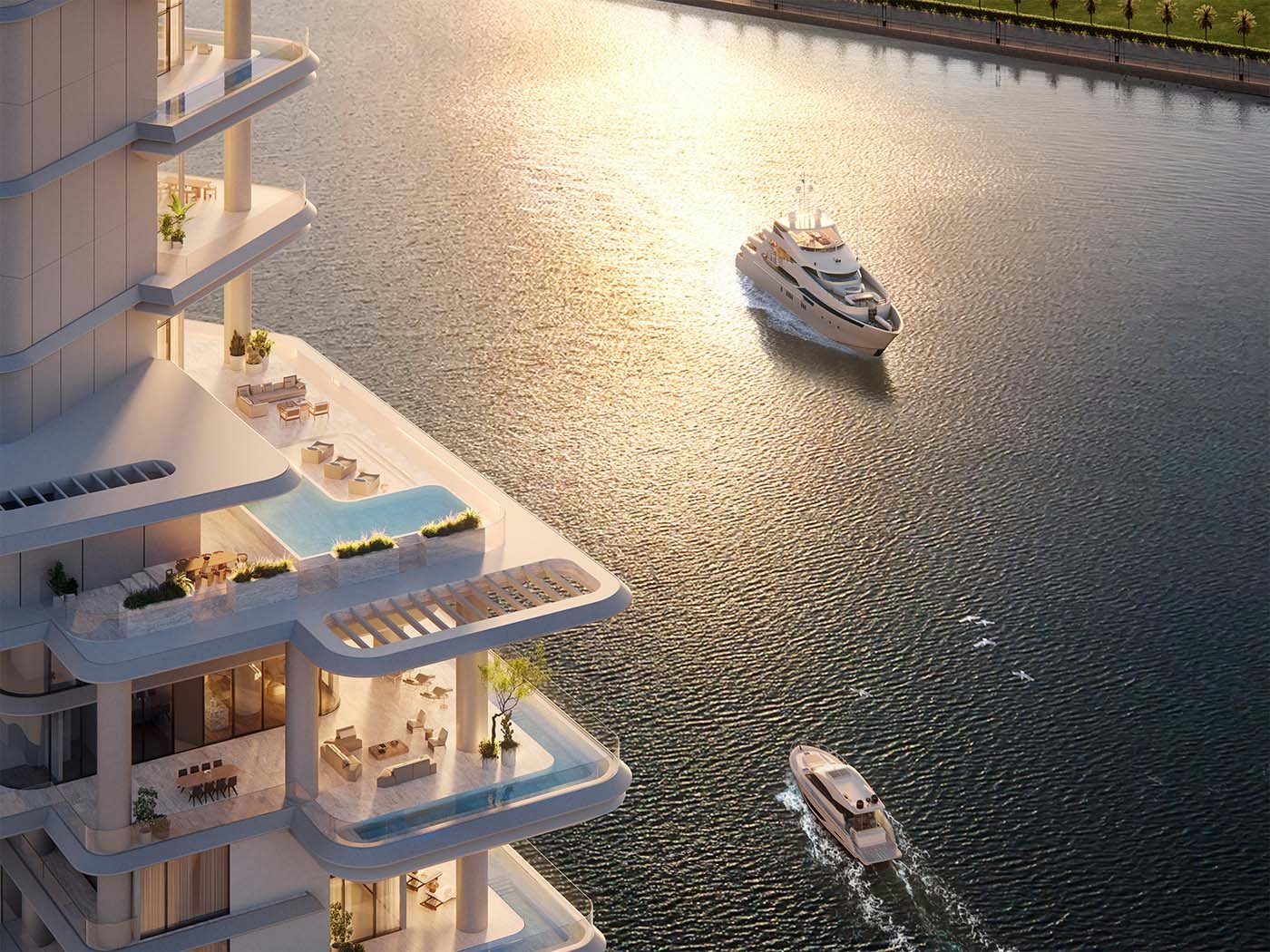 Vela by Omniyat luxury property in Dubai cityscape of a big city at daytime with superyachts in the background