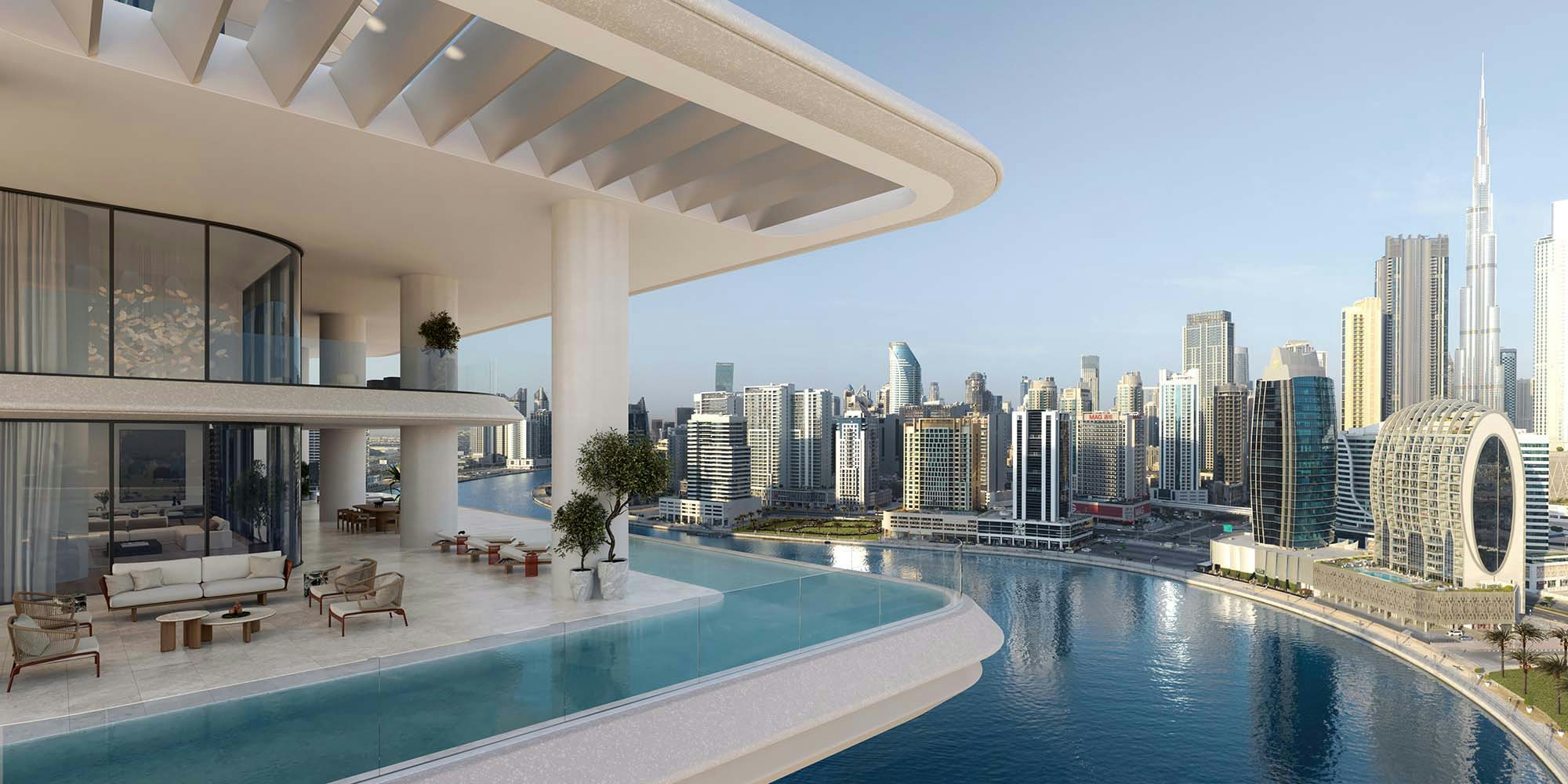 Vela by Omniyat luxury property in Dubai cityscape of a big city at daytime with burj khalifa in the background and an infinity pool