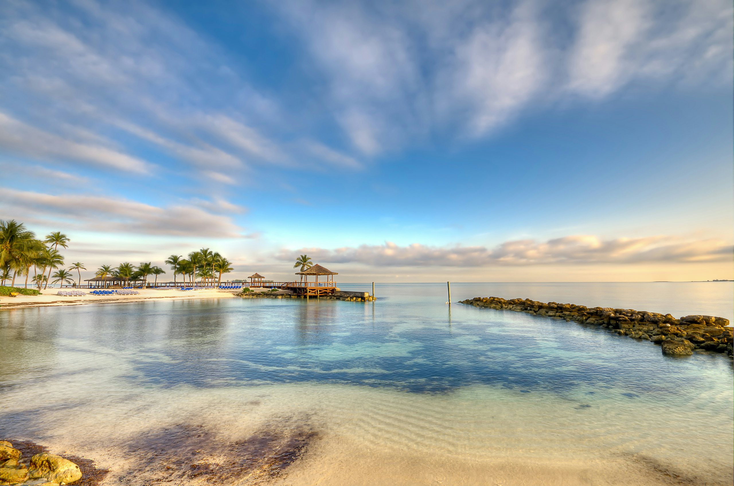 View of beach and ocean in Nassau, Bahamas.