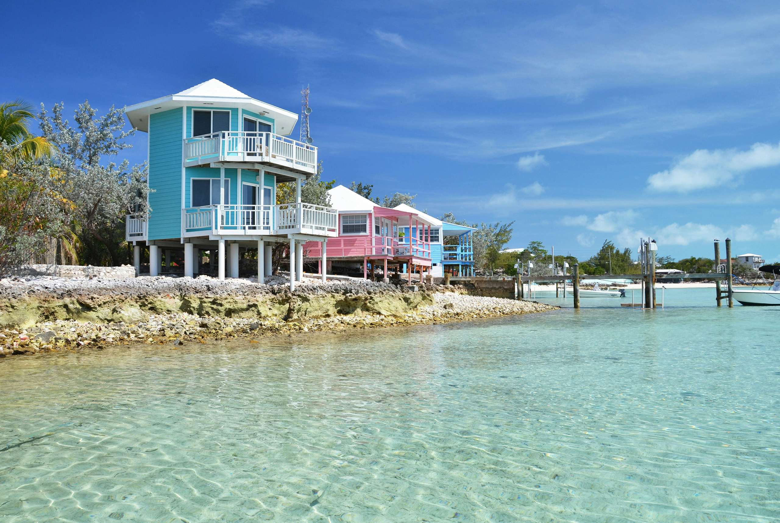 Picturesque house constructions at waters edge of Staniel cay