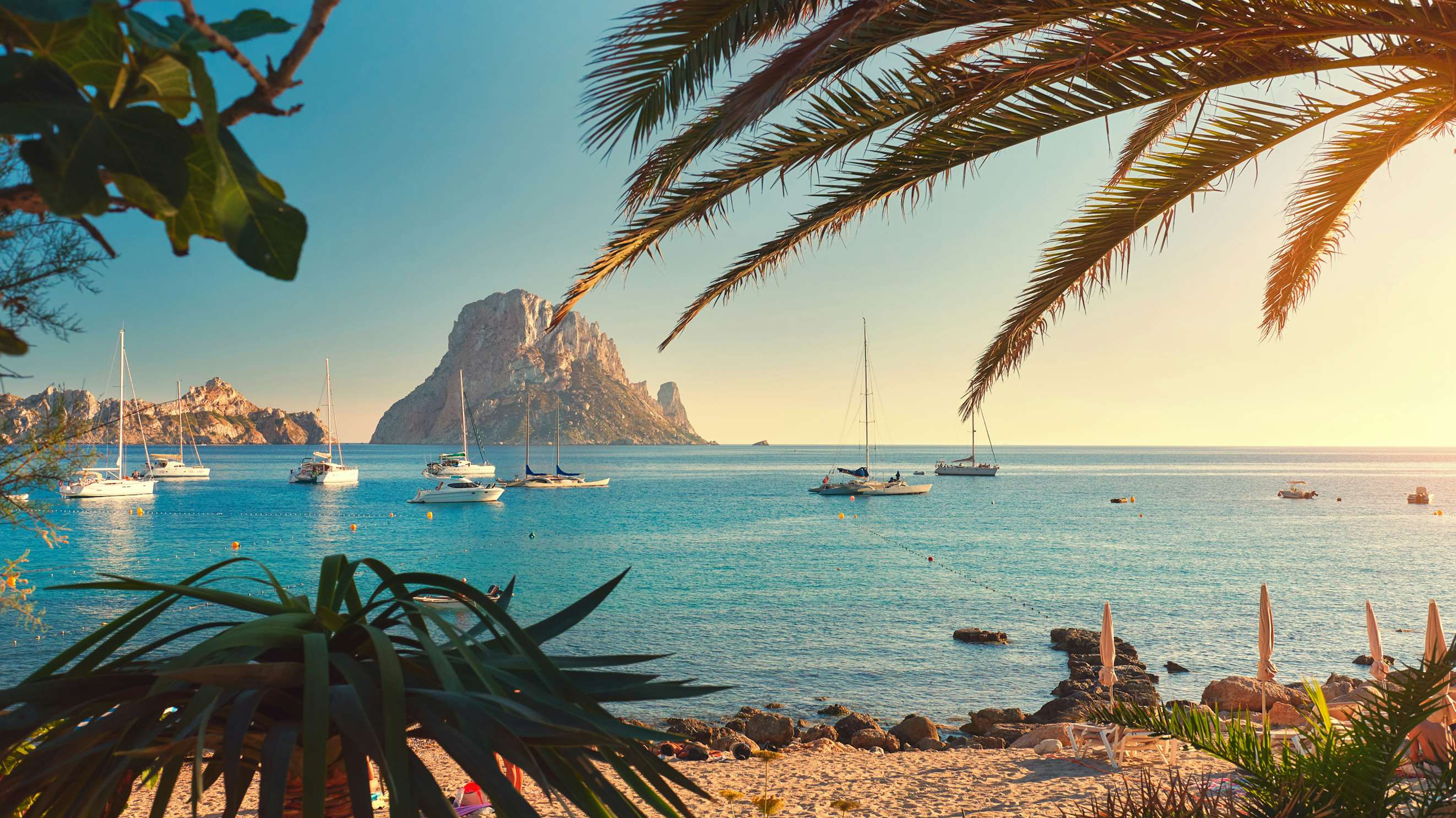 Palm fronds frame a serene view of anchored yachts near the mystical rock of Es Vedrà, off the coast of Ibiza.