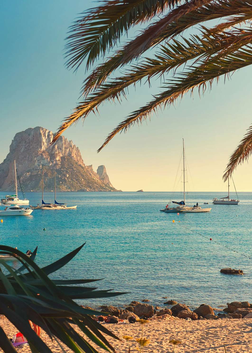 Palm fronds frame a serene view of anchored yachts near the mystical rock of Es Vedrà, off the coast of Ibiza.