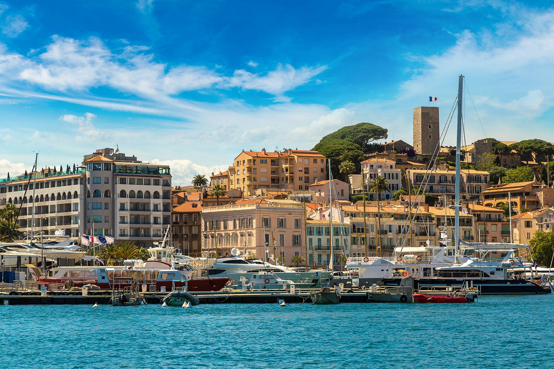 Cannes port blue water panoramic videos with yachts