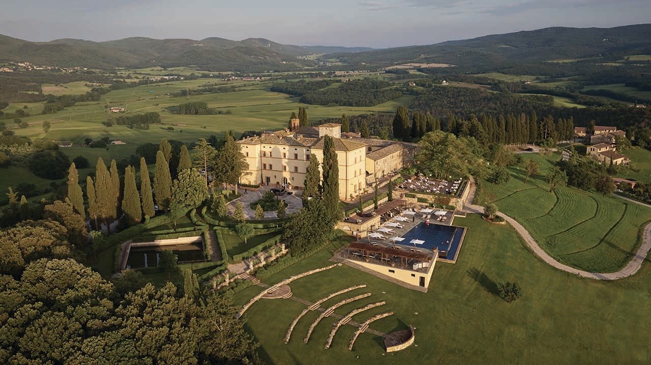Aerial view of a castle in the countryside in Italy