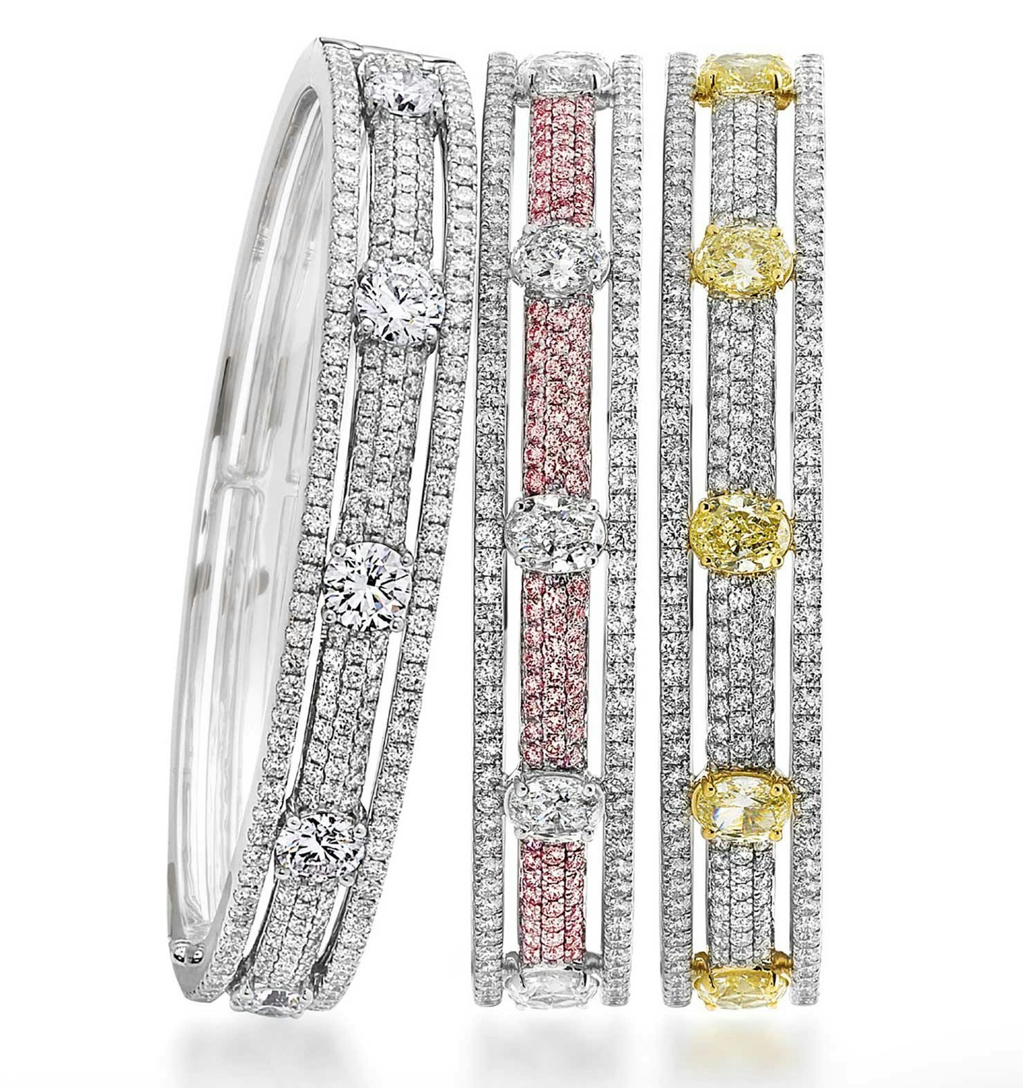 bracelets platinum, with yellow and white diamonds, pink and white diamonds, and all-white diamonds.