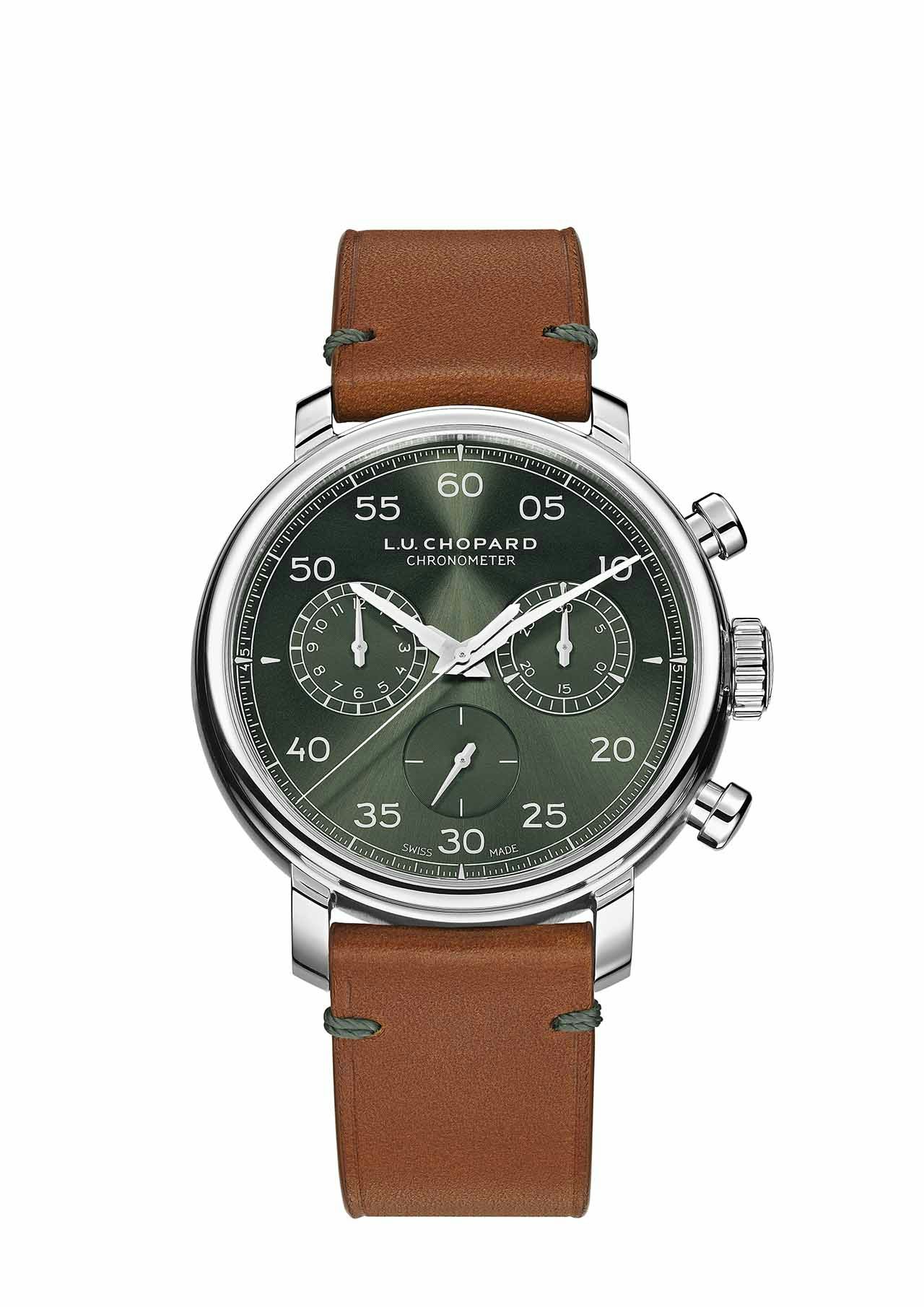 Silver watch with black face and brown leather straps on a white background