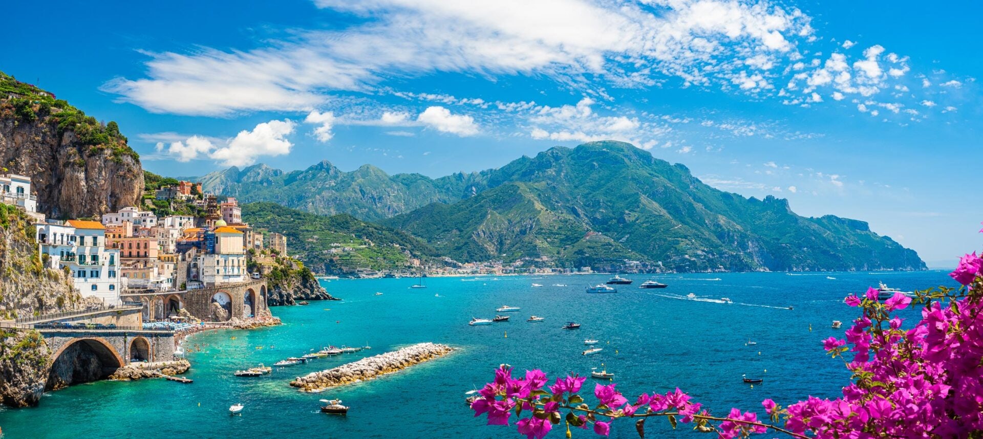 Riviera Reverie - The Allure of the West Mediterranean Blooming flowers overlooking a bustling harbor against a backdrop of rugged mountains under a cloud-speckled sky.