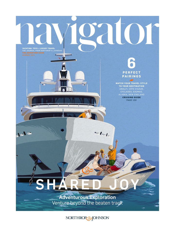 Cover of lifestyle magazine Navigator with a painting of a family arriving to superyacht via tender with couple greeting them from the bow of the ship
