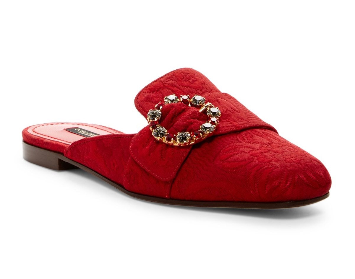 Dolce &amp; Gabbana red brocade mules with embellished buckle