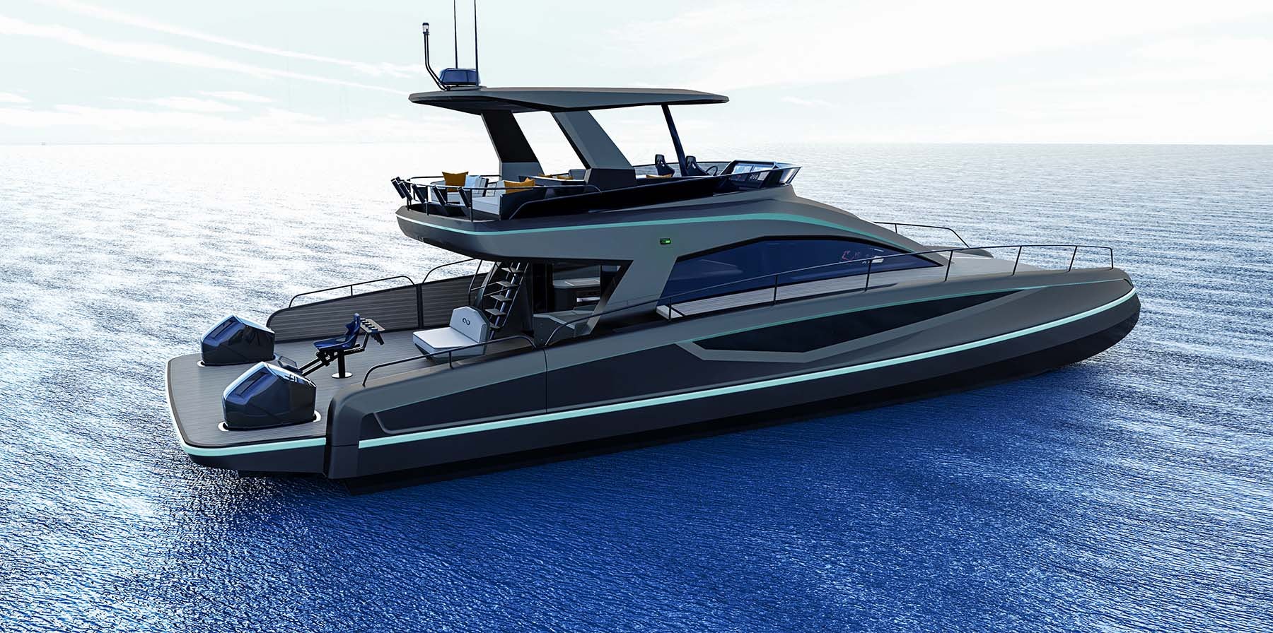 Infiniti 60 GT - Aft 2 rendering of a black yacht with modern exterior amenities