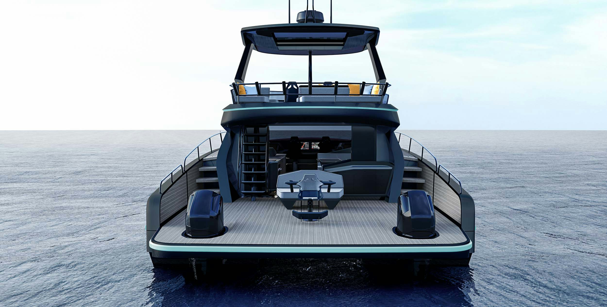 Infiniti 60 GT - Aft rendering of a black yacht with modern exterior amenities