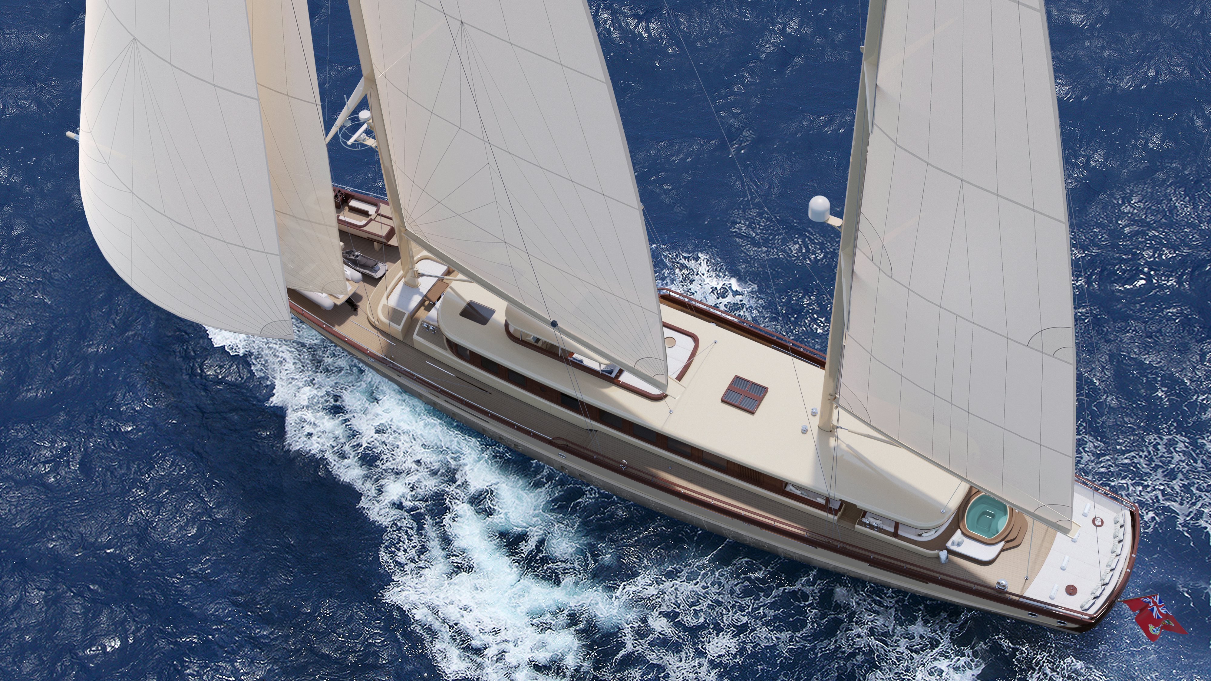 Ares sailing yacht SIMENA overhead view while under sail