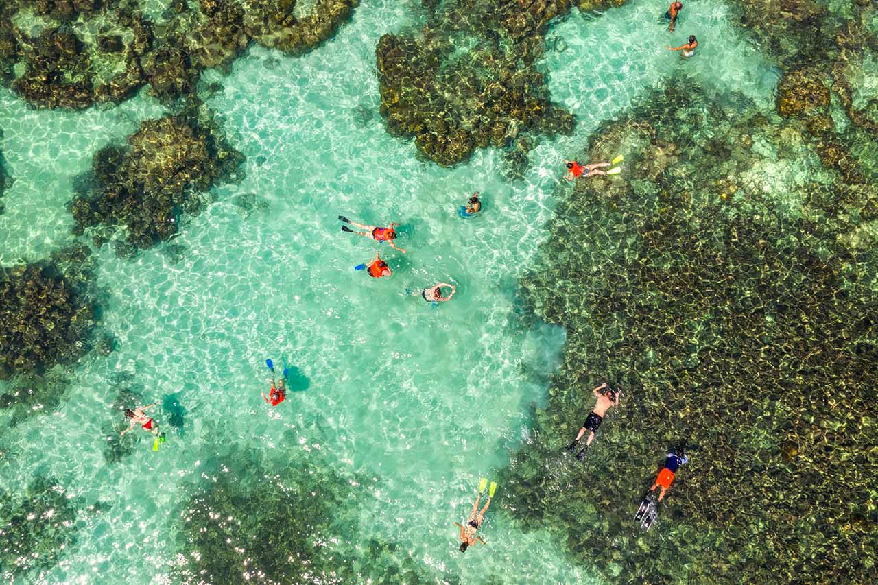 People snorkeling in the crystal clear turquoise waters of Indonesia