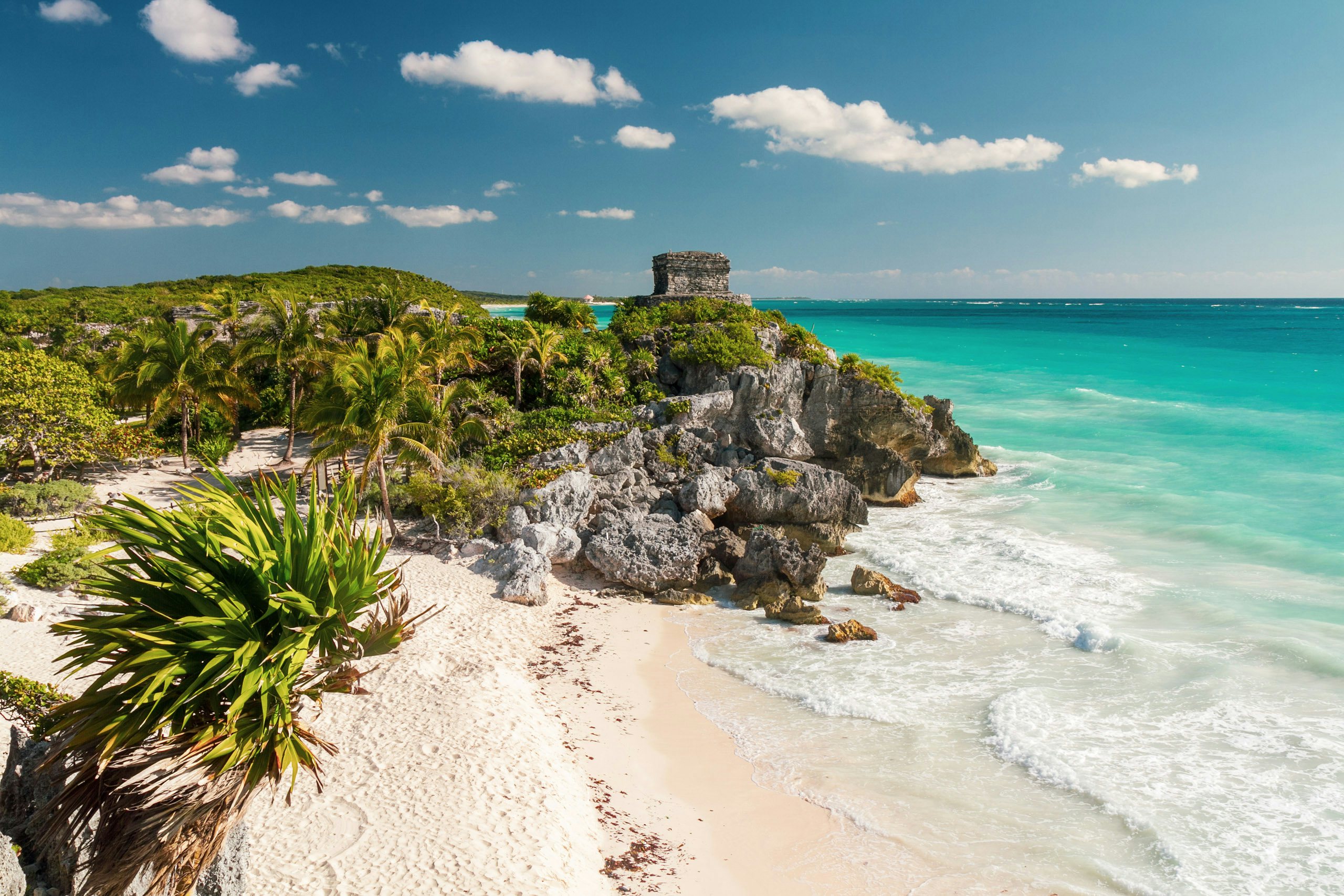 Eastern Mexico Yacht Charter - Old Maya Beach in Tulum - Mexico with ruins located above the white sands