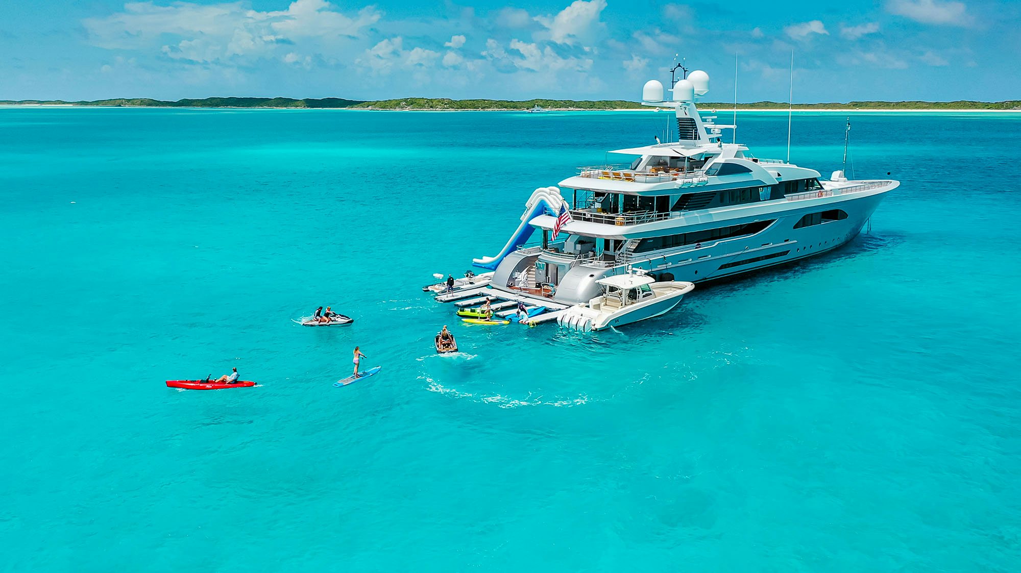Charter yacht W with toys deployed on the Caribbean