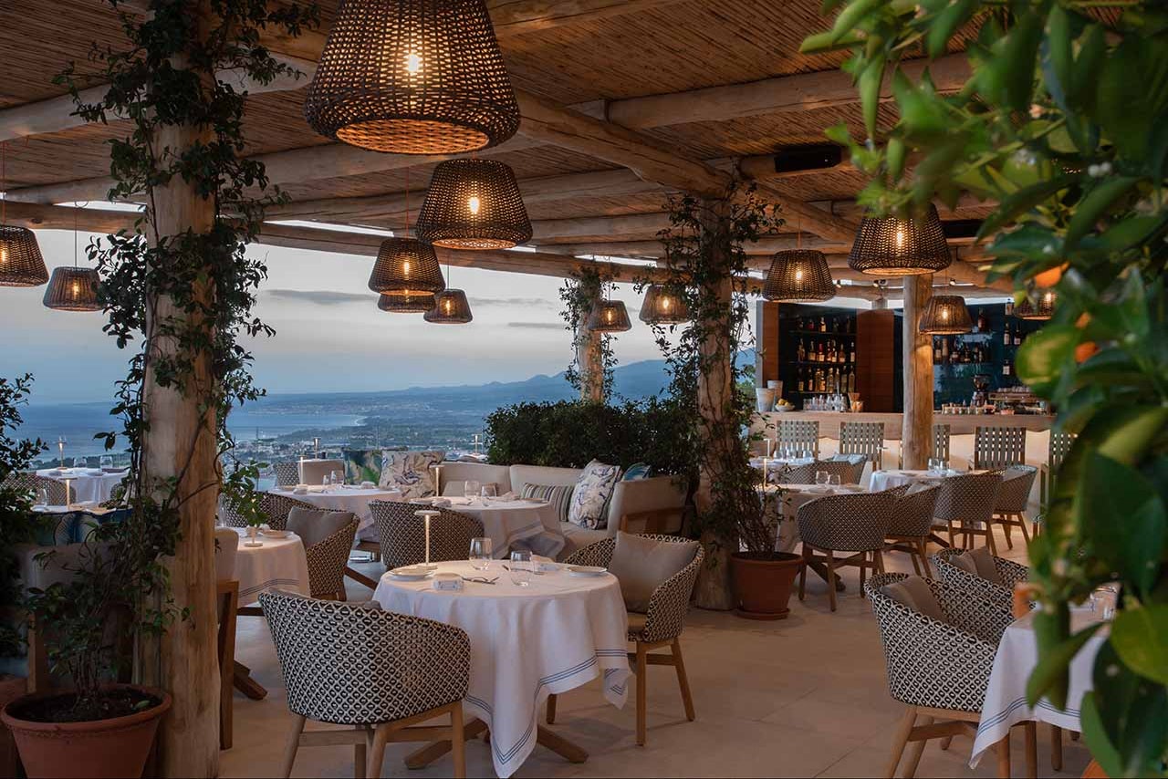 View from the restaurant of the Four Seasons San Domenico restaurant overlooking the Mediterranean Sea on the island of Sicily, Italy