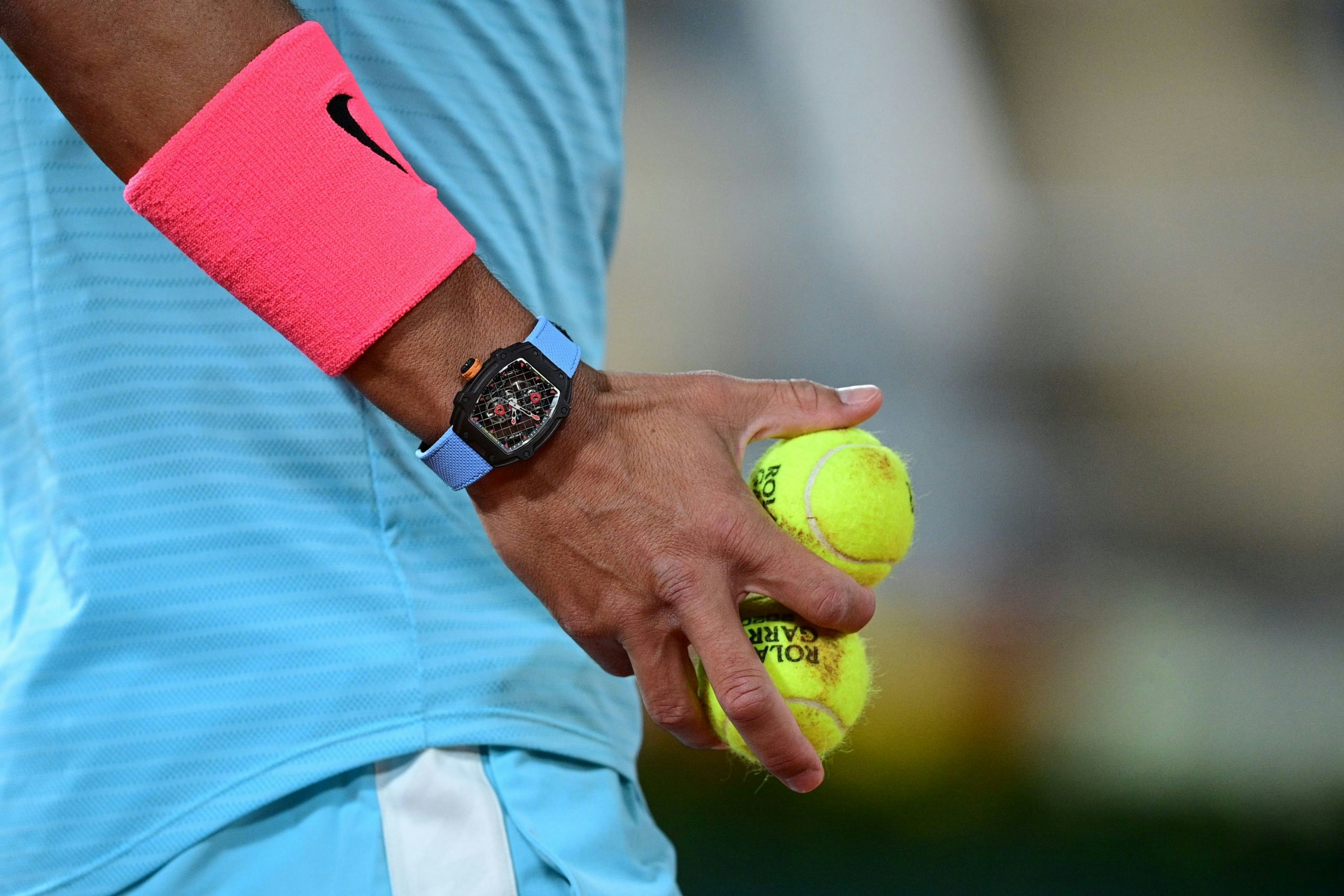 Professional Tennis player Rafael Nadal at the French Open wearing a Richard Mille RM 27-04 Tourbillon Rafael Nadal Limited Edition