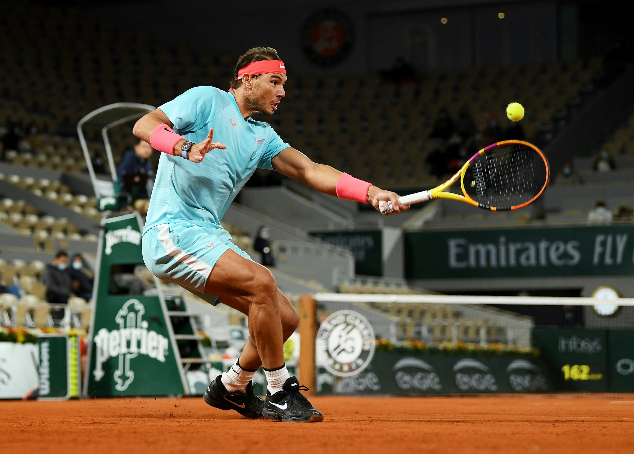 PARIS, FRANCE - OCTOBER 06: Rafael Nadal of Spain plays a backhand during his Men's Singles quarterfinals match against Jannik Sinner of Italy on day ten of the 2020 French Open at Roland Garros on October 06, 2020 in Paris, France. (Photo by Shaun Botterill/Getty Images)