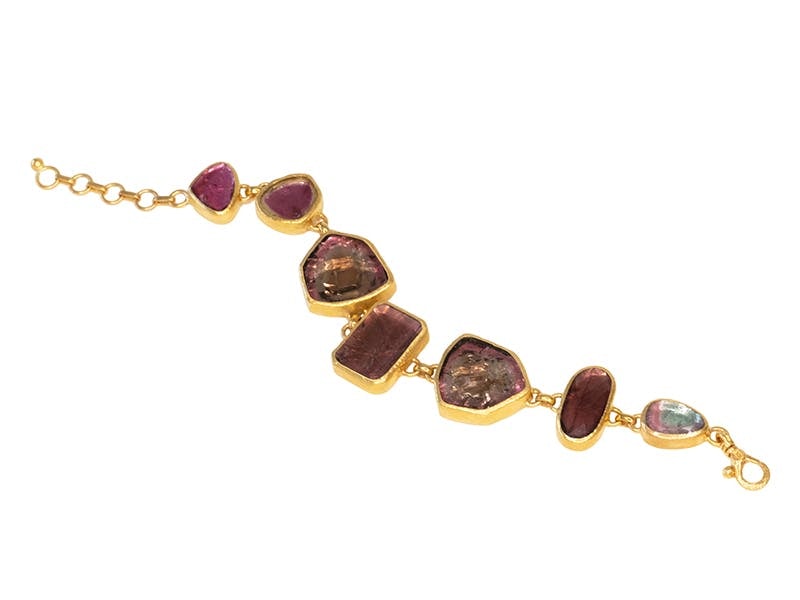 24kt gold bracelet with mixed sizes of watermelon tourmaline slices and rose cut pink tourmalines by Gurhan