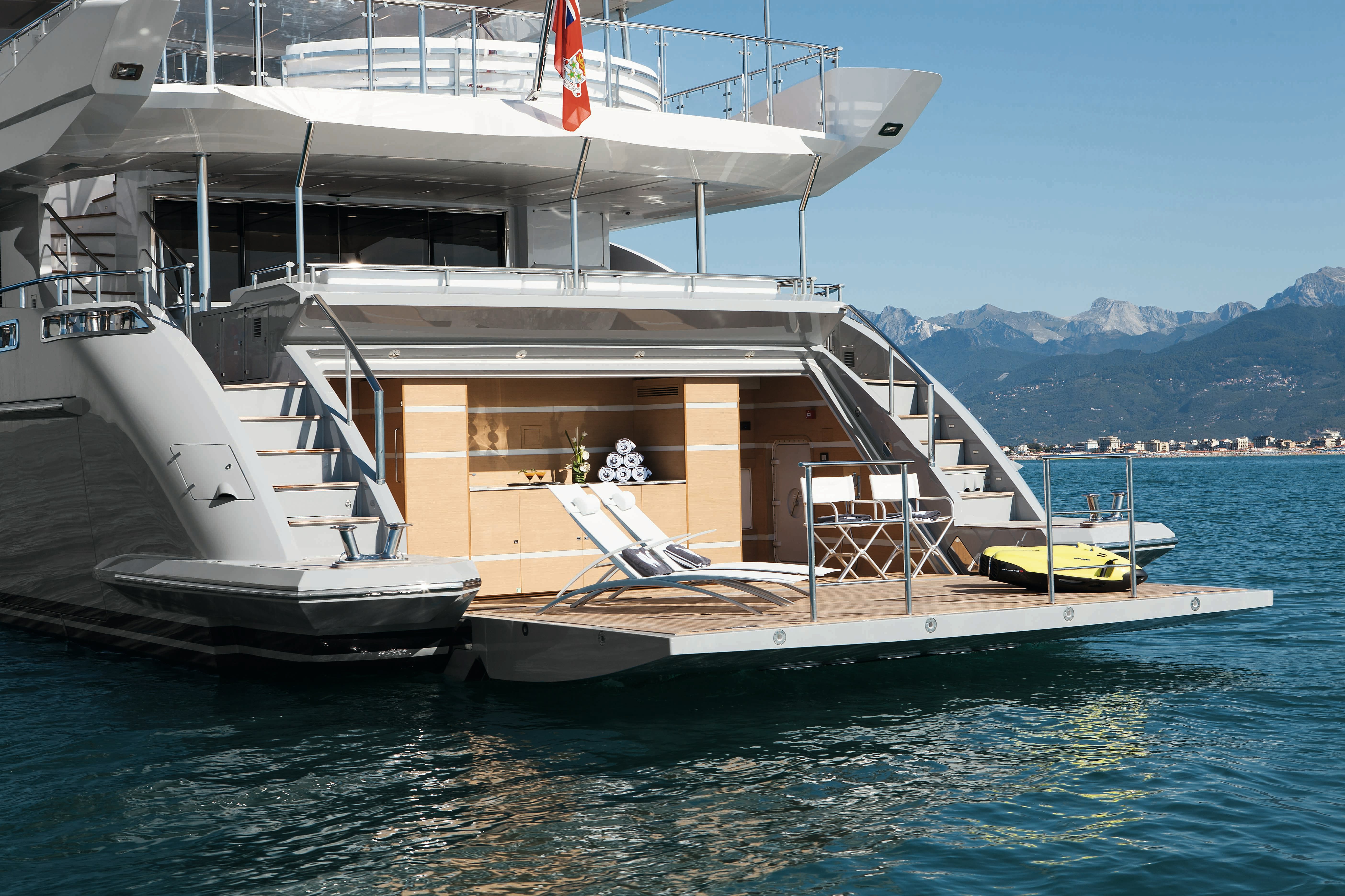 The aft deck of H set up like a beach club while anchored