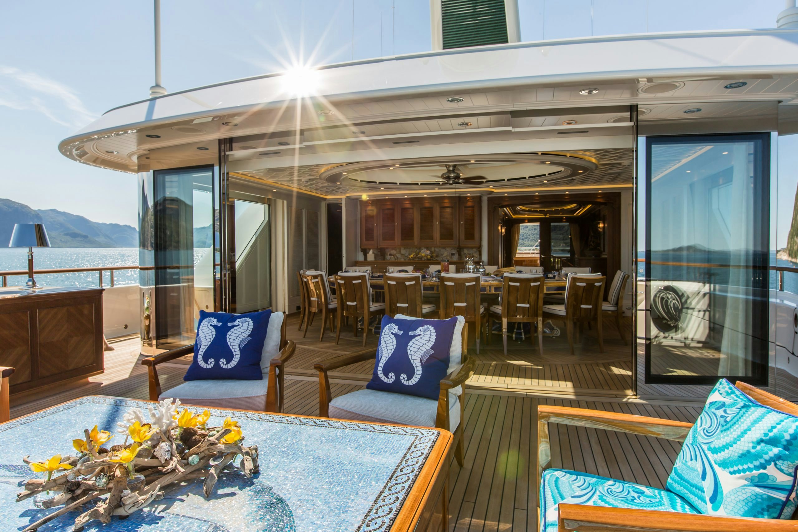 Feadship yacht for sale Sea Owl outdoor dining