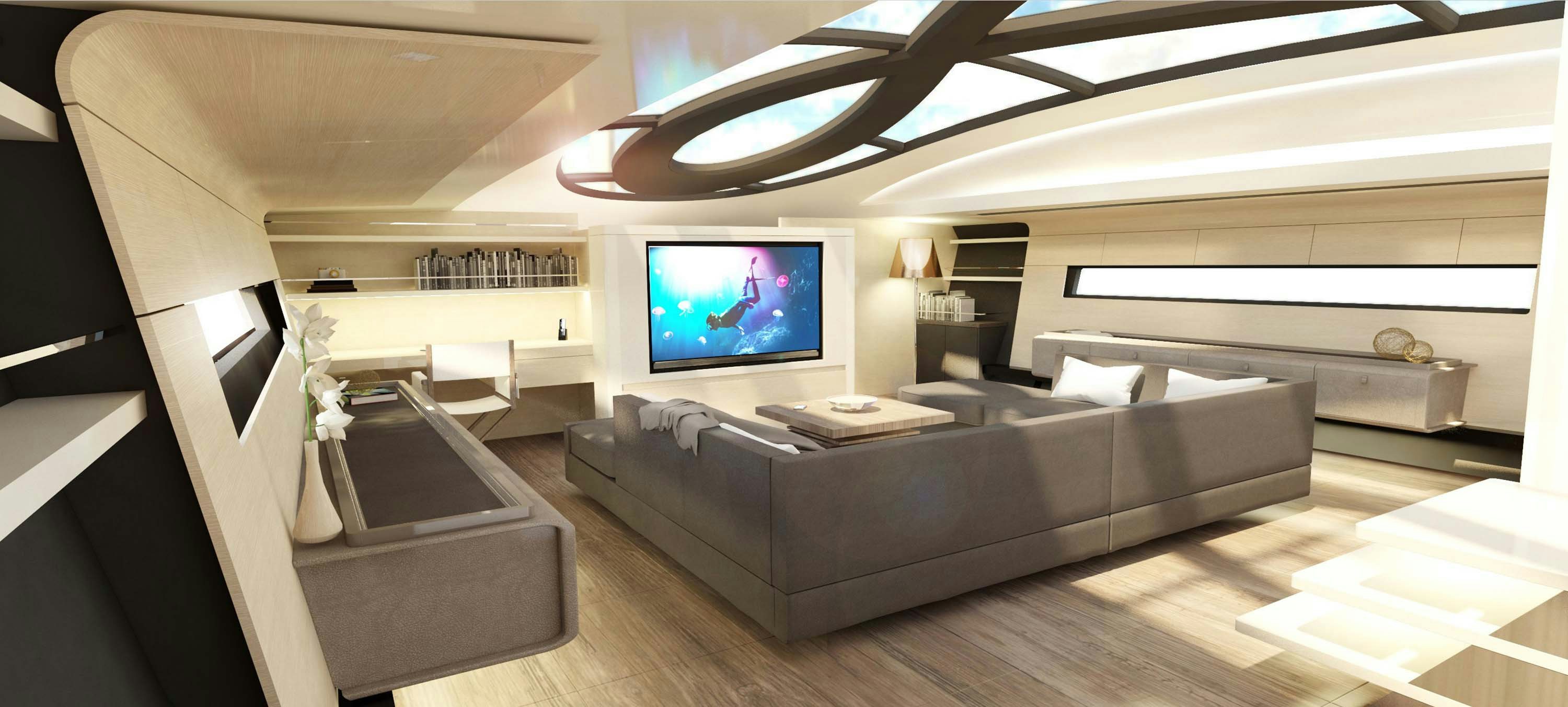 Futuristic rendering of the main salon onboard the Infiniti 105 sailing yacht, with a cool skylight above the sofa and light furniture